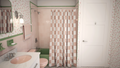 outdated pink and green bathroom with alcove bathtub