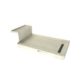 Base'N Bench® Kit: Redi Trench Right Drain Single Curb Shower Pan with Brushed Nickel Designer Grate, 34″D x 72″W x 17″H installed (Pan: 34″D x 60″W; Bench: 30″D x 12″W)