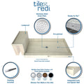 Base'N Bench® 30 In x 60 In Single Curb Shower Pan with Left Drain, Round Brushed Nickel Drain Grate, and Bench