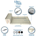 Base'N Bench® Kit: Redi Trench Right Drain Single Curb Shower Pan with Polished Chrome Designer Grate, 42″D x 72″W x 17″H installed (Pan: 42″D x 60″W; Bench: 38″D x 12″W)
