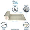 Base'N Bench® Kit: Redi Trench Left Drain Single Curb Shower Pan with Brushed Nickel Solid Grate, 34″D x 72″W x 17″H installed (Pan: 34″D x 60″W; Bench: 30″D x 12″W)