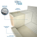 Base'N Bench® Kit: Redi Trench Right Drain Single Curb Shower Pan with Tileable Drain Top, 34″D x 60″W x 17″H installed (Pan: 34″D x 48″W; Bench: 30″D x 12″W)