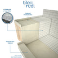 Base'N Bench® Kit: Redi Base Right Drain Single Curb Shower Pan, 30″D x 60″W x 17″H installed (Pan: 30″D x 48″W; Bench: 26″D x 12″W)