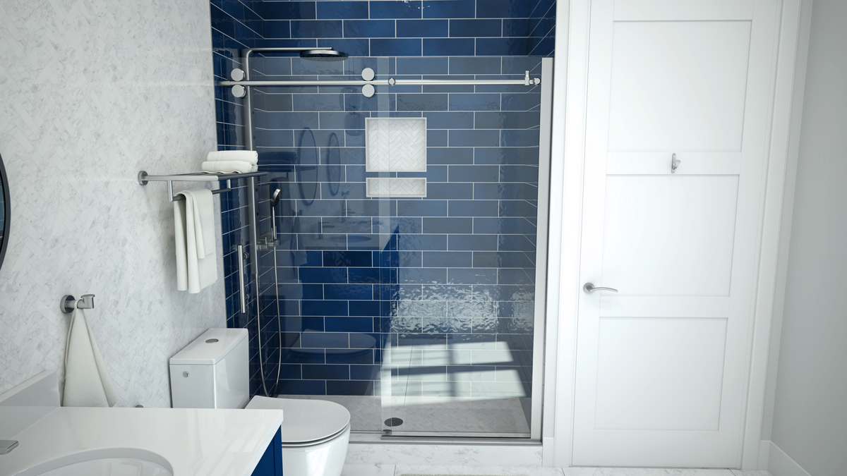 Modern walk-in shower after a Tile Redi remodel