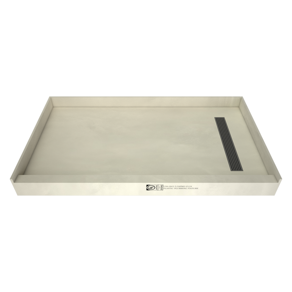 Redi Trench® 34 In x 60 In Single Curb Shower Pan with Right Drain and Linear Brushed Nickel Drain Grate