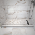 Redi Trench® 30x60 Right Drain Single Curb Shower Pan Bundle + Calacatta Nova Matte 13x13 Marble Porcelain Mosaic Floor Tile