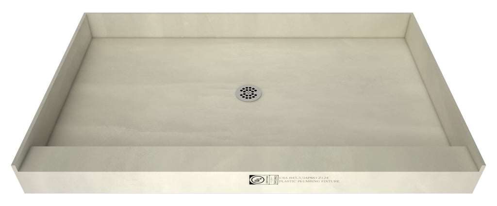 Redi Base® 30 In x 60 In Single Curb Shower Pan with Center Drain and Round Polished Chrome Drain Grate