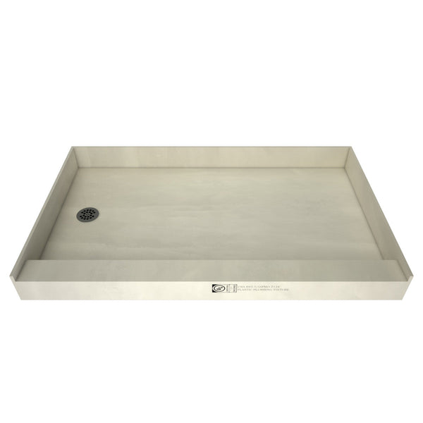 Redi Base® 30 In x 60 In Single Curb Shower Pan with Left Drain and Round Brushed Nickel Drain Grate