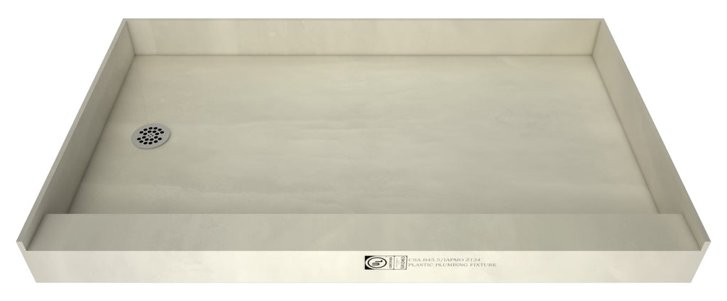Redi Base® 30 In x 54 In Single Curb Shower Pan with Left Drain and Round Polished Chrome Drain Grate