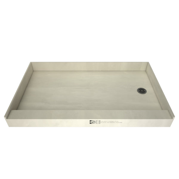 Redi Base® 30 In x 60 In Single Curb Shower Pan with Right Drain and Round Brushed Nickel Drain Grate