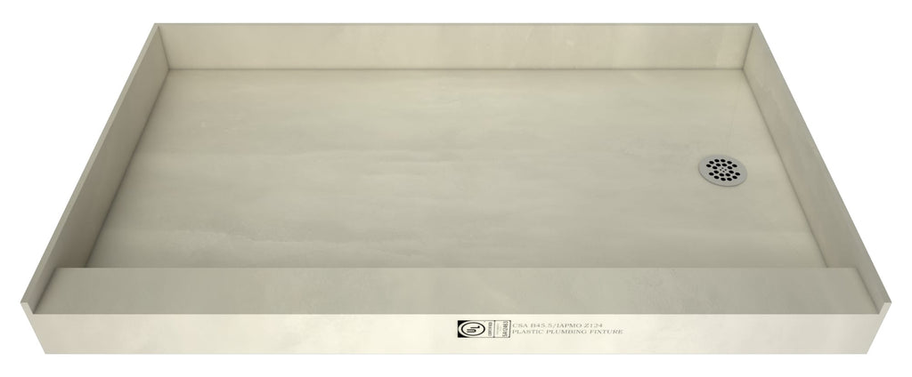 Redi Base® 37 In x 54 In Single Curb Shower Pan with Right Drain and Round Polished Chrome Drain Grate