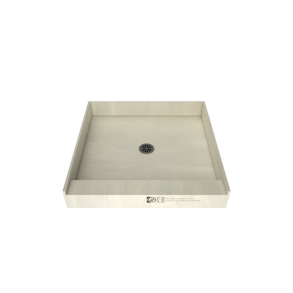 Redi Base® 36 In x 36 In Single Curb Shower Pan with Center Drain and Round Brushed Nickel Drain Grate
