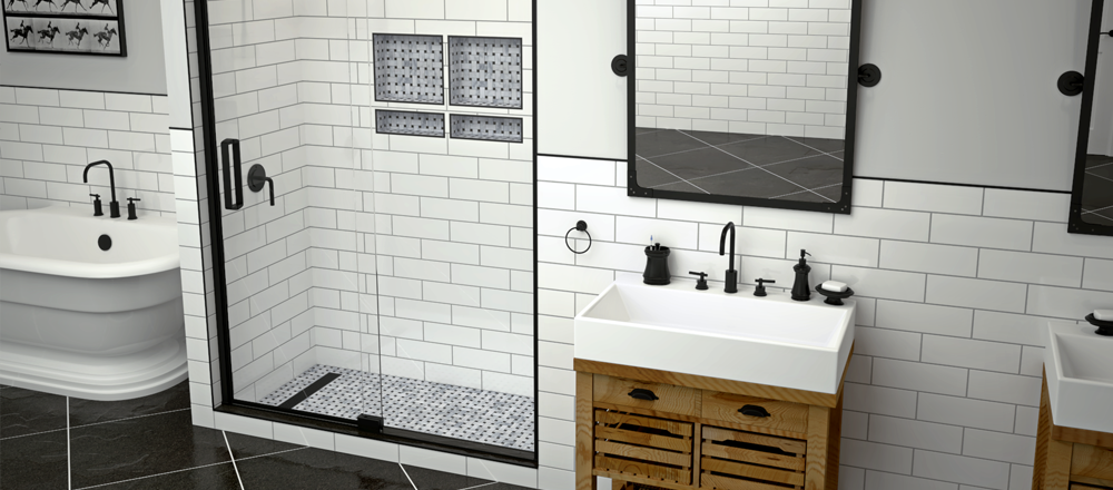 Styled shower with door, tile and drain detail