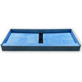 Closeout 32 x 72 in shower pan with center trench drain, grey skim coated surface, angled view showing the curb