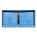 Wall to wall closeout shower pan, blue skim coated surface, viewed from above with the linear trench drain