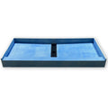 Wall to wall closeout shower pan, blue skim coated surface, angled view showing the curb