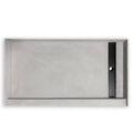 Closeout 36 x 60 in shower pan with right trench drain, grey skim coated surface, viewed from above showing the drain position