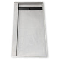 Wall to wall closeout shower pan, grey skim coated surface, viewed from above with the linear trench drain