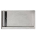 Wall to wall closeout shower pan, grey skim coated surface, close view of the prepped tile ready finish