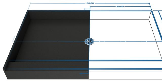 Redi Your Way shower pan shown half in its actual black finish and half as a technical drawing